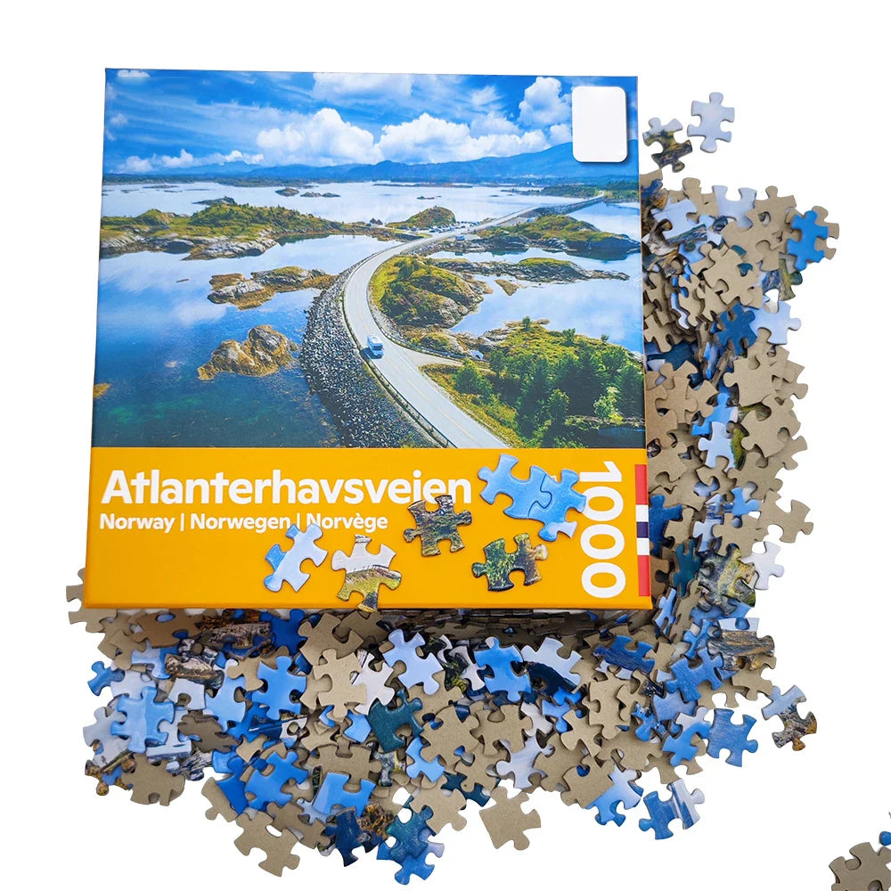 Customized 1000 Piece Atlanterhavsvegen Brain Teaser IQ Game Jigsaw Puzzles Matte Paper with Custom Box