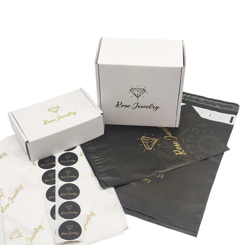 Custom Gold Foil White Corrugated Paper Shipping Lipgloss Package Emballage Carton Mailer Box with Sticker Mailier Pouch Bag
