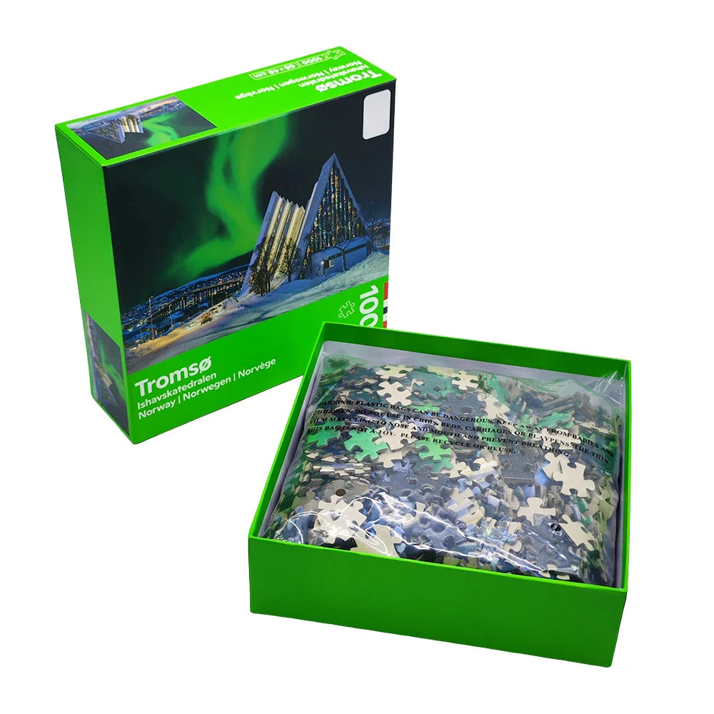 Personalized Custom Oem Norway Tromso Puzzle Game 1000 Pieces Aurora Landscape Paper Jigsaw Puzzles for Adult Kids