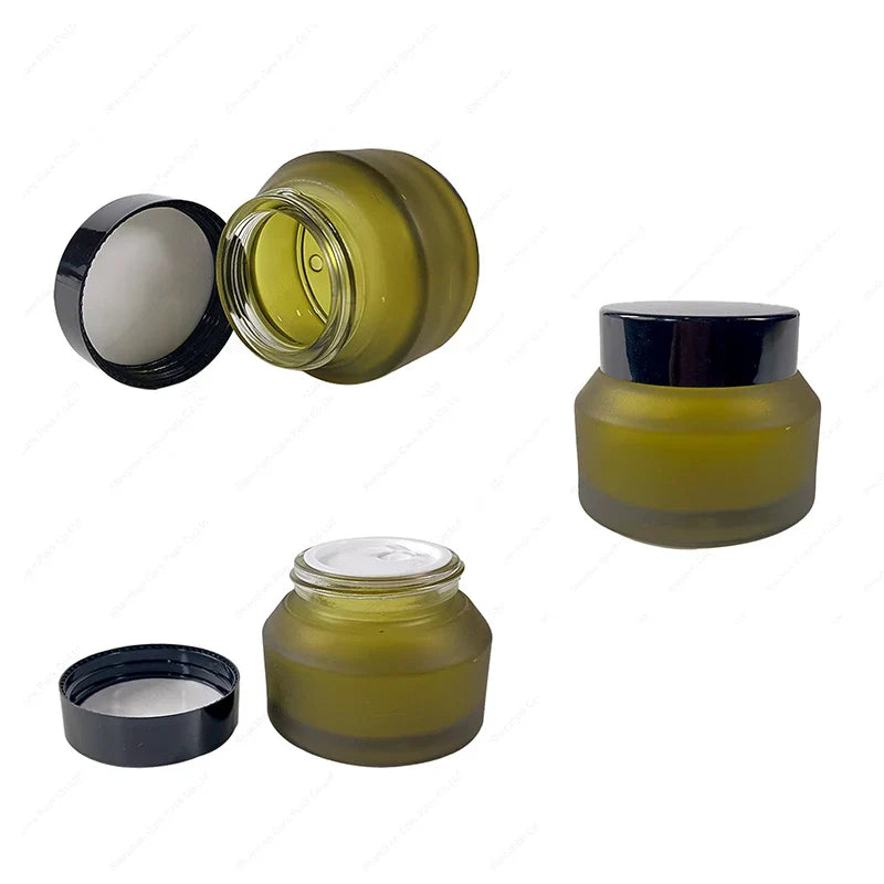 50ML Empty Frosted Matte Amber Glass Cosmetic Jars with Black Lids Wide Mouth Design for Skin Care Cream
