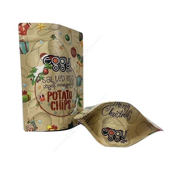 Custom Brown Kraft Paper Bag Stand up Pouch Potato Chips Snack Christmas Packaging Oat Biscuit Tea Biodegradable Zipper Bag