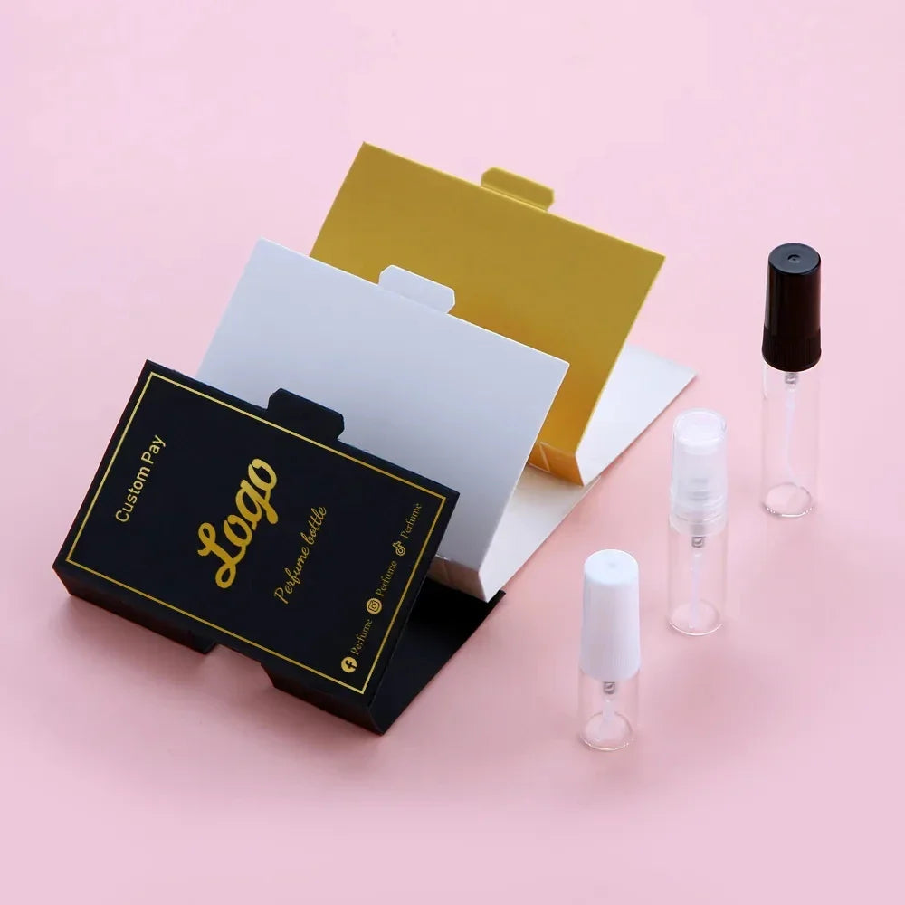 Custom Business Logo Printed Perfume Sample Packaging Card Perfume Tester Cards Spray 1ml 2ml Bottles and Cards for Perfume
