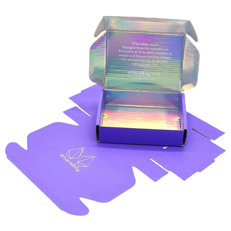 Luxury Holographic Paper Packaging Cardboard Custom Logo Iridescent Pink Hologram Mailer Shipping Boxes