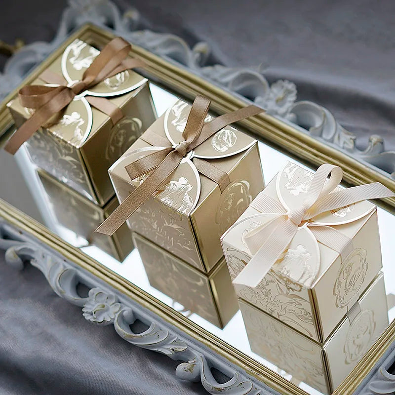 Gold Silver Luxury Birthday Party Wedding Favor Packaging Glitter Paper Gift Box Bag Sweet Candy Boxes With Ribbon Kid Guests