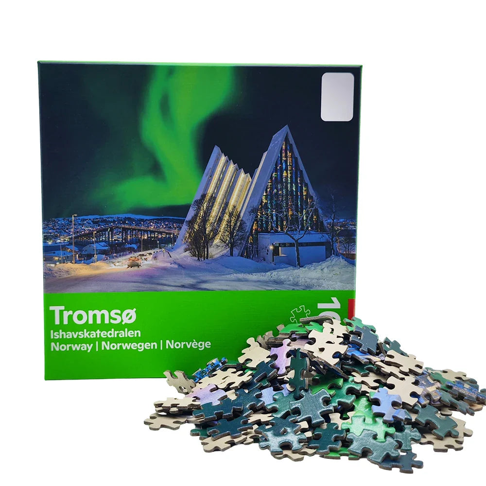 Personalized Custom Oem Norway Tromso Puzzle Game 1000 Pieces Aurora Landscape Paper Jigsaw Puzzles for Adult Kids