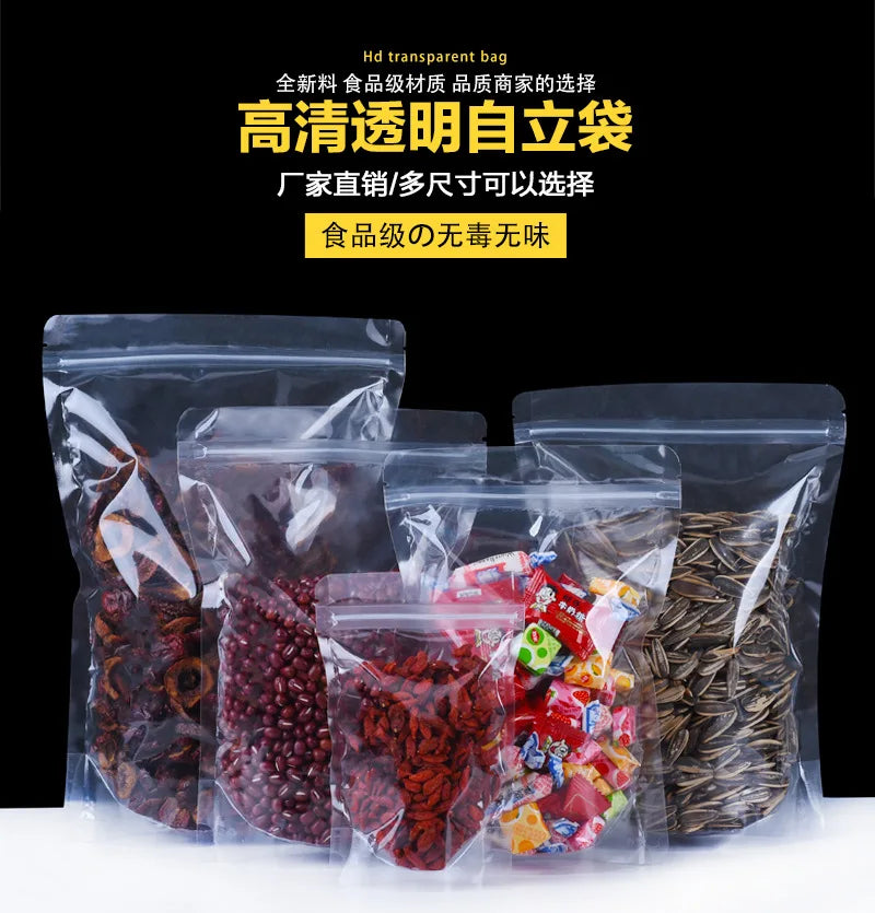 Transparent Clear Plastic Resealable ZipLock Bags Food Packing Stand up Pouches With Zipper and Tear Notch