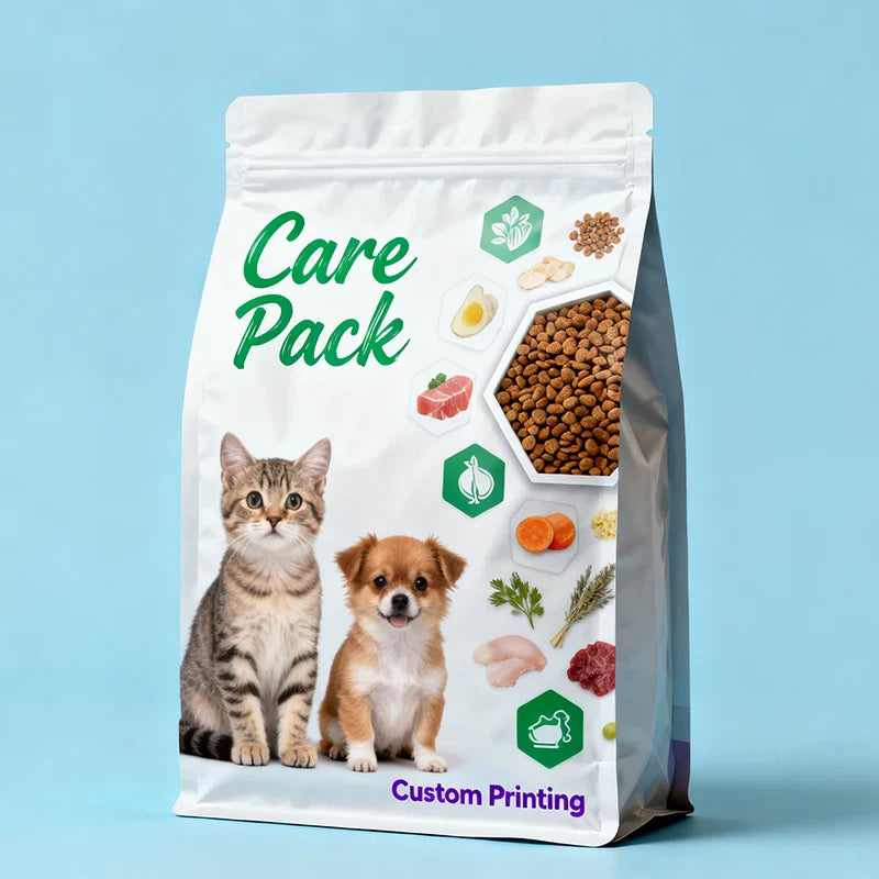 Customized 5lb 20lb 40lb Food Grade Animal Ziplock Square Plastic Flat Bottom Pet Treat Food Packaging Pouch