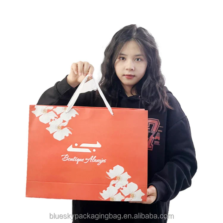 Festive Gift Paper Handbags with Ribbon Handles Christmas/New Year/Valentine's Day Themed Packaging (Custom Colors & Logos)