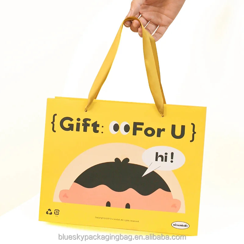 OEM/ODM Customized Cute Yellow Cartoon Paper Bag Gift Packaging Bag  Handle Paper Shopping Tote Bag for Birthday Party Paper Bag
