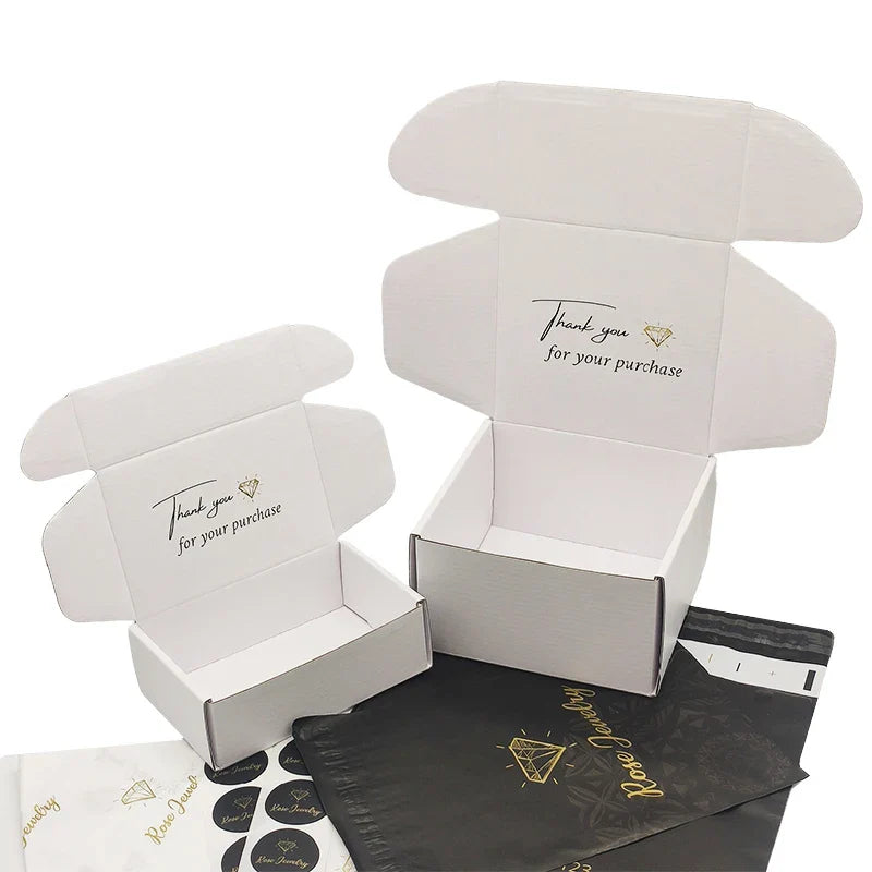 Custom Gold Foil White Corrugated Paper Shipping Lipgloss Package Emballage Carton Mailer Box with Sticker Mailier Pouch Bag