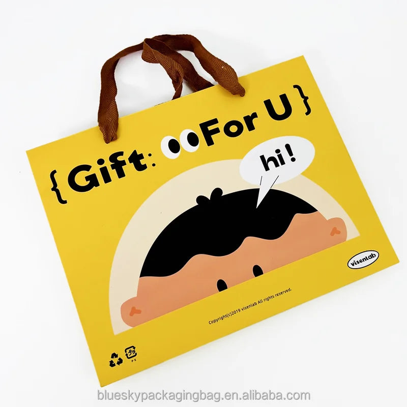 OEM/ODM Customized Cute Yellow Cartoon Paper Bag Gift Packaging Bag  Handle Paper Shopping Tote Bag for Birthday Party Paper Bag