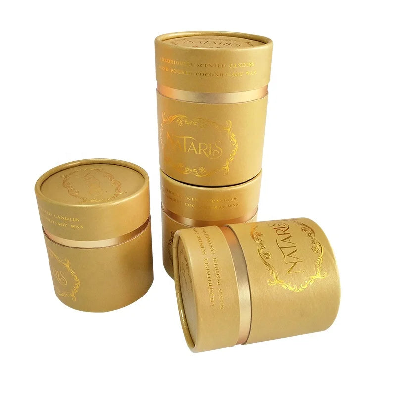 Luxury Gold Foil Cardboard Cosmetic Cylinder Packaging Handmade Customized Art Logo Paper Candle Round Box