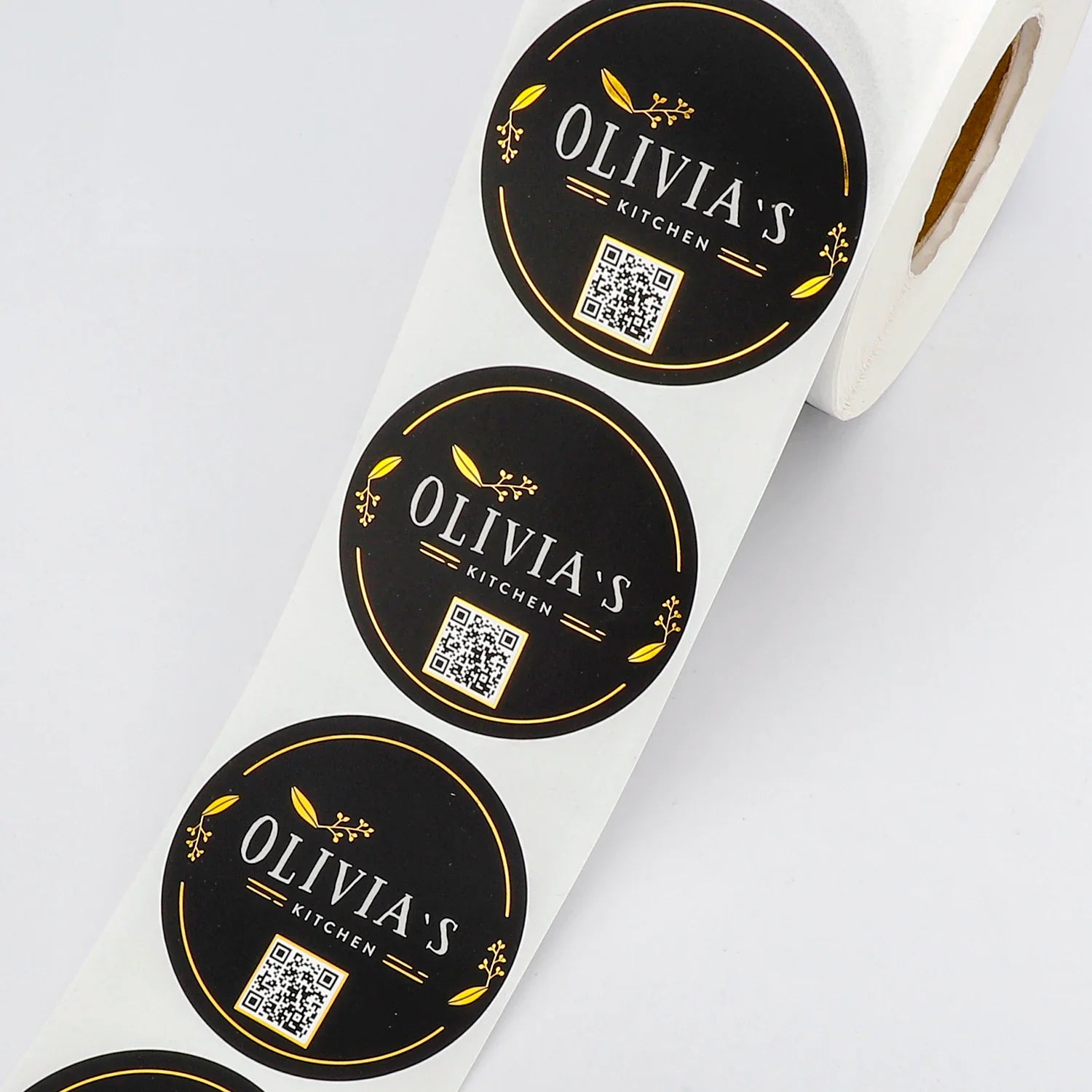 Personalized Custom Roll Waterproof Vinyl Adhesive Food Product Label Gold Foil Printing Round Logo Stickers with Qr Code Label