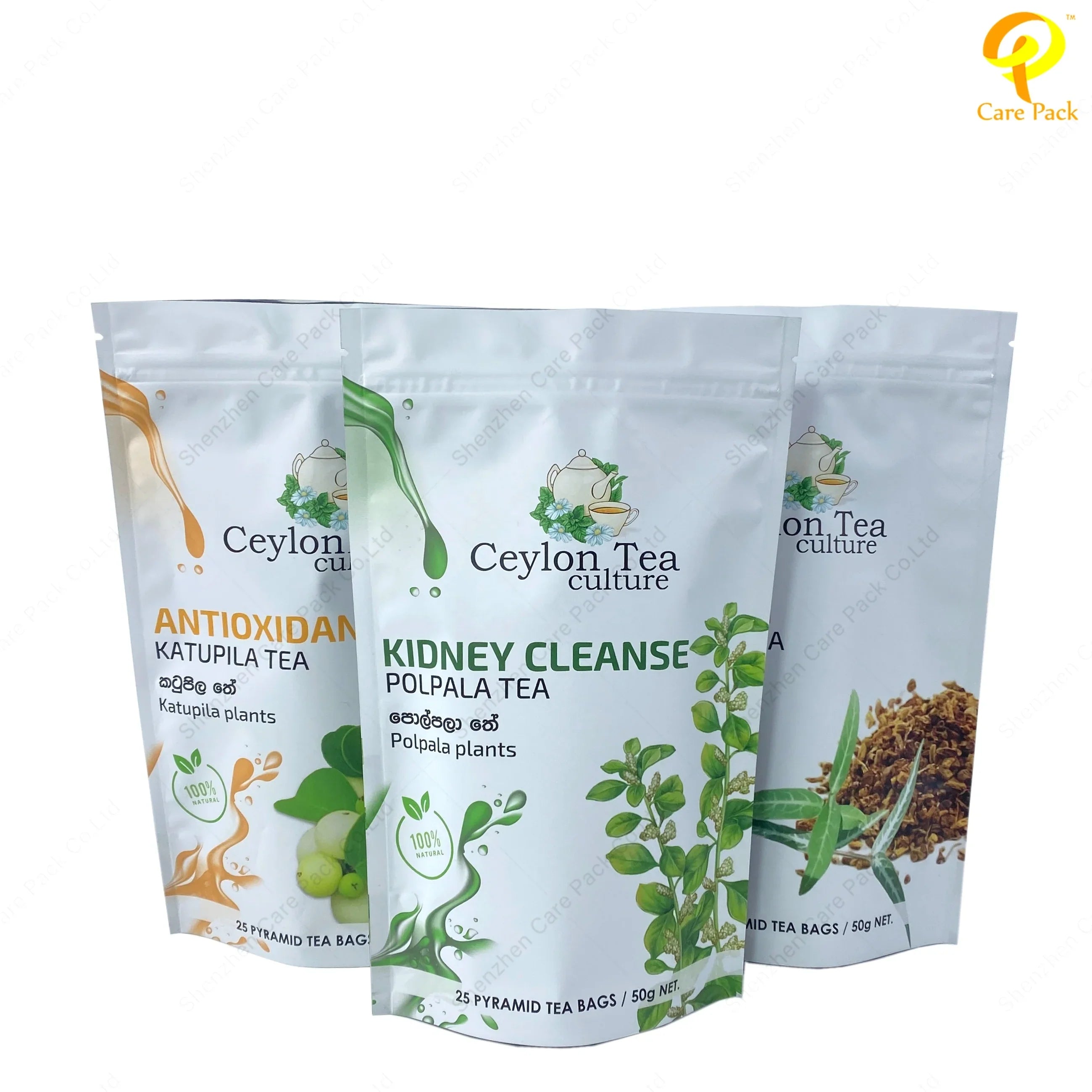 Custom 50g Wholesale Aluminum Printed Reusable Zipper Lock Tea Packaging Digital Printing Stand up Pouch Bag