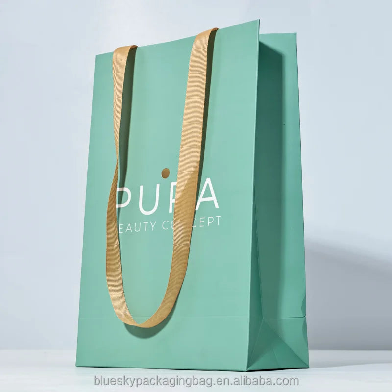 Luxury Glossy Coated Paper Gift Bags with Ribbon Handles, White/Black Premium Bags for Jewelry/Cosmetic Gifts, 18x12x18cm