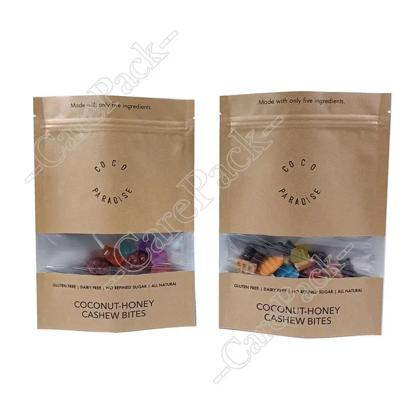 Heat Seal Snack Coffee Tea Biodegradable Recycle Eco-friendly Clear Windows Die Cut Kraft Stand up Pouch