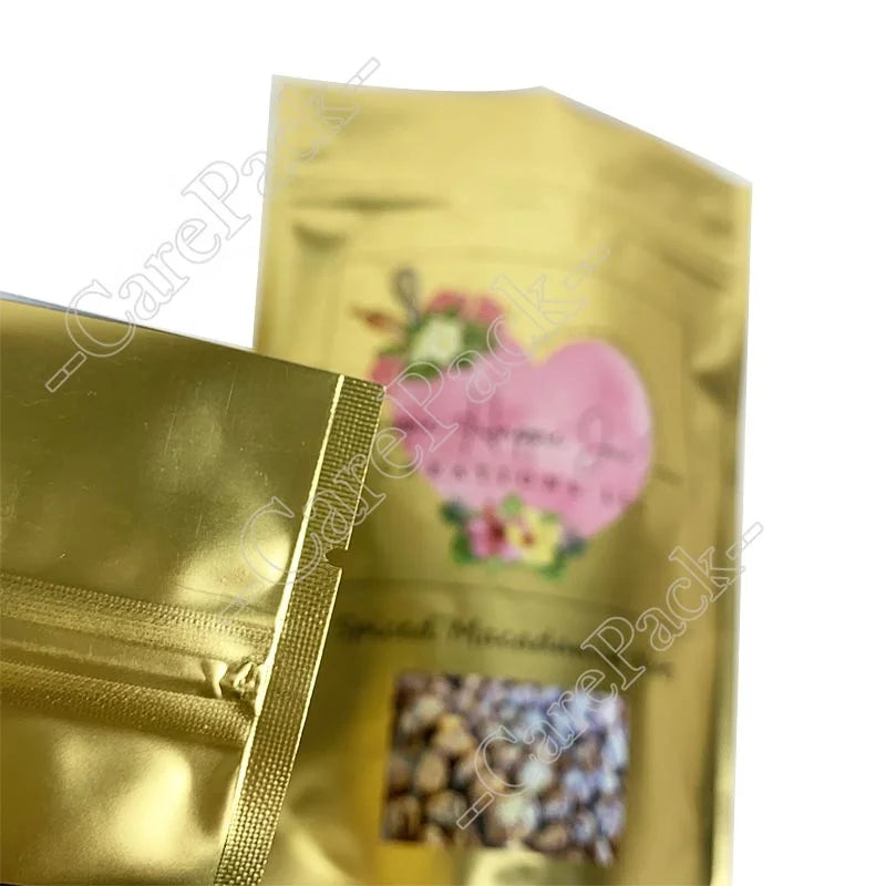 Custom Printing Stand up Pouch Chips Cookie Candy Tea Biscuit Nut Peanut Dry Fruit Zipper Packaging Bag Golden Food PE Care Pack