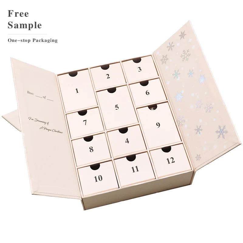 Custom Personalized Handmade 12/24 Days Christmas Packaging Gift Box Luxury Empty Blank Advent Calendar Box With Logo