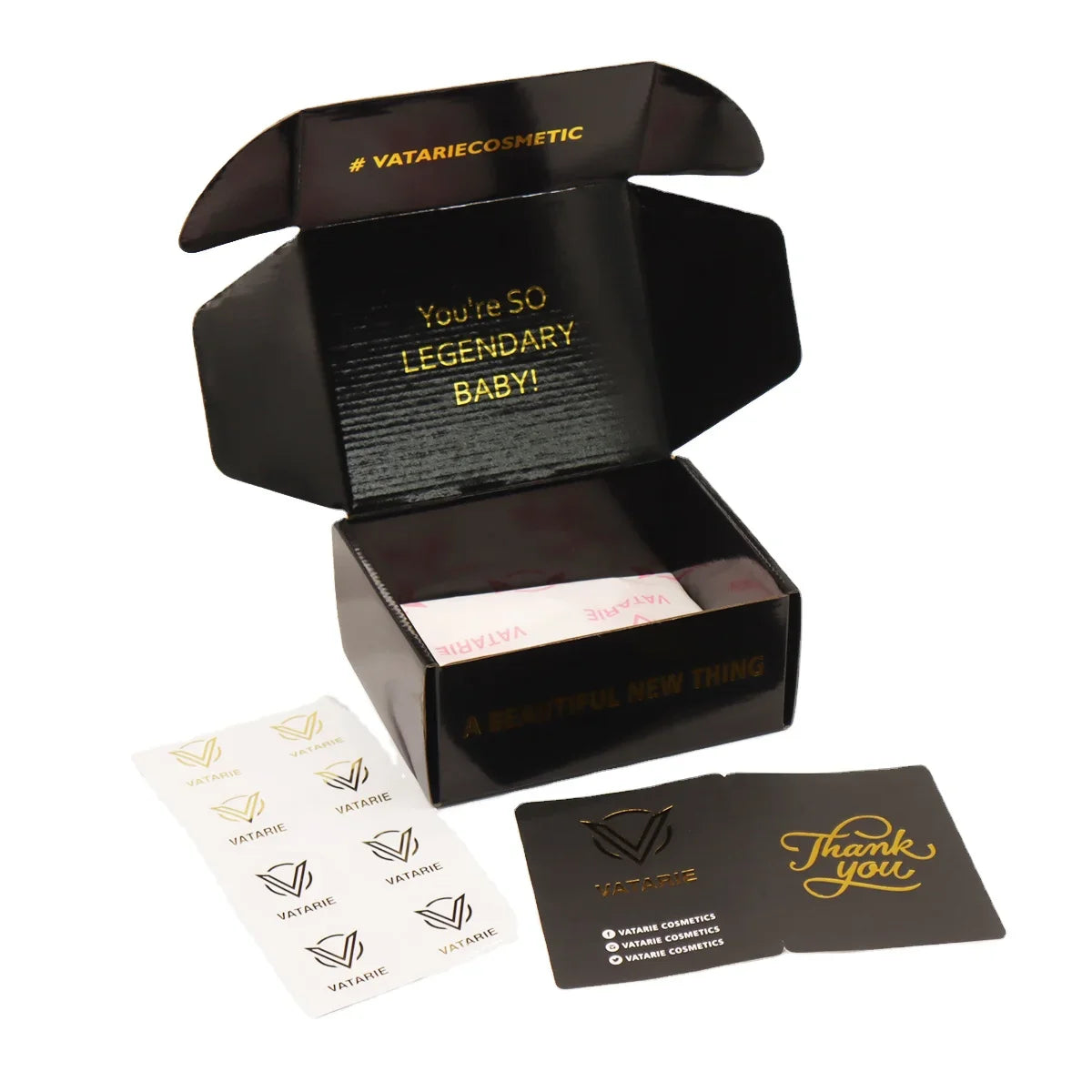 Customized Gold Foil logo Glossy Black Makeup Skin Care Gift Sets Packing Storage Private Label Paper Shipping Box for Packiging