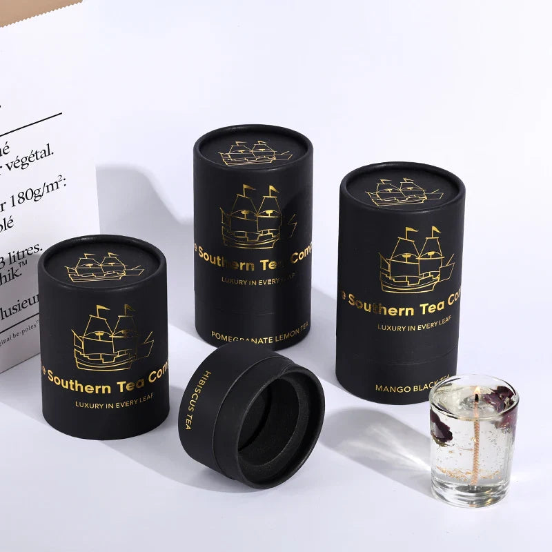 Custom Packaging Black  Food Round Luxury Tea Cardboard Tube Push up Gold Foil Paper Tube Box Packaging