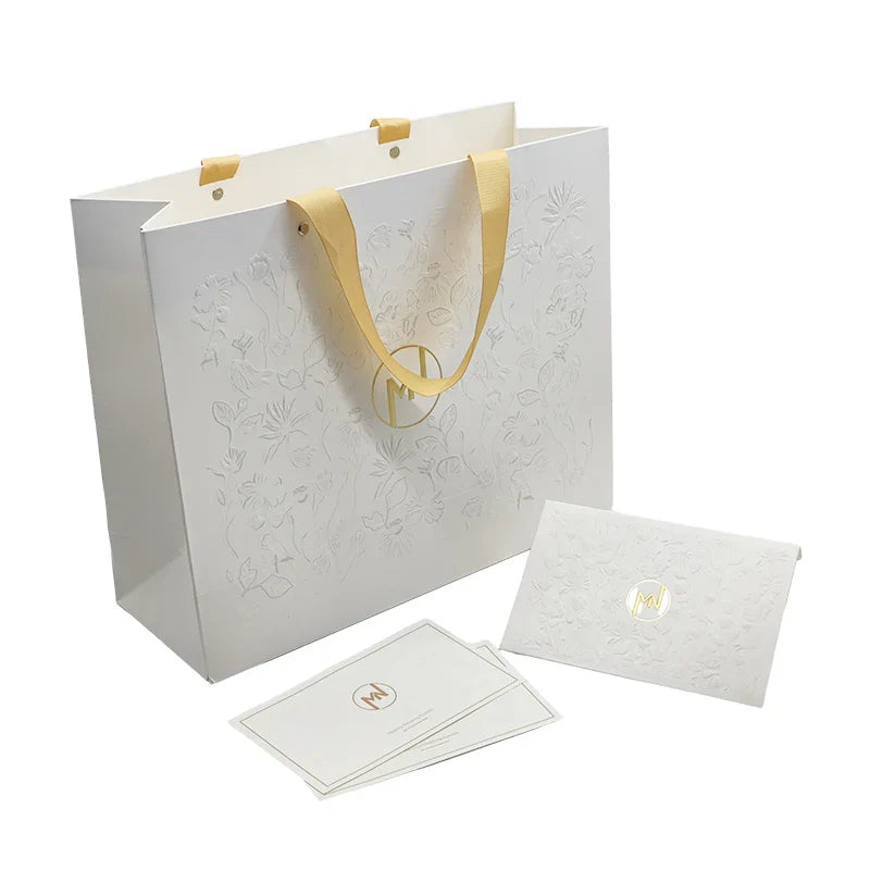 Customized Branded White Craft Sacs En Papier Gift Packaging Bolsas De Papel Shopping Paper Bags with logo Ribbon Handle
