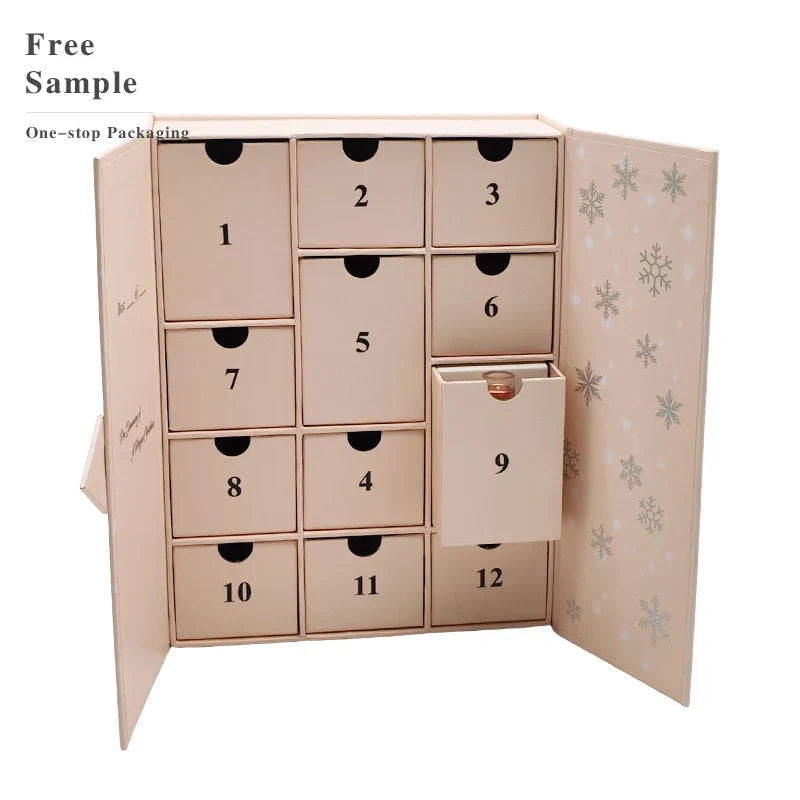 Custom 24 / 12 Days Beauty Cosmetic Storage Advent Calender Box Drawer Cardboard Christmas Gift Advent Calendar Packaging Boxes