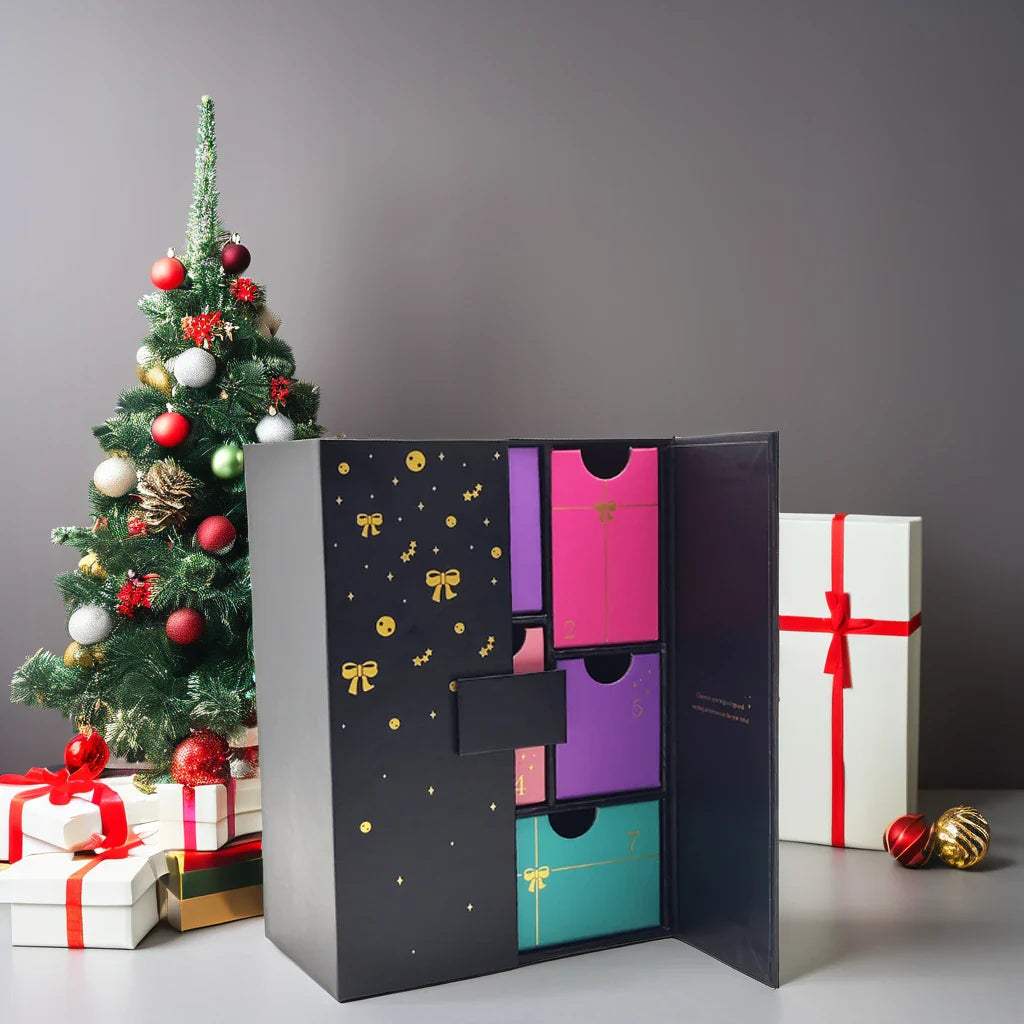 Custom 24 / 12 Days Beauty Cosmetic Storage Advent Calender Box Drawer Cardboard Christmas Gift Advent Calendar Packaging Boxes
