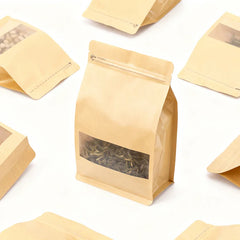 Custom Compostable Kraft Paper Pouch Square Block Eight Side Seal Matte Craft Coffee Doypack With Window