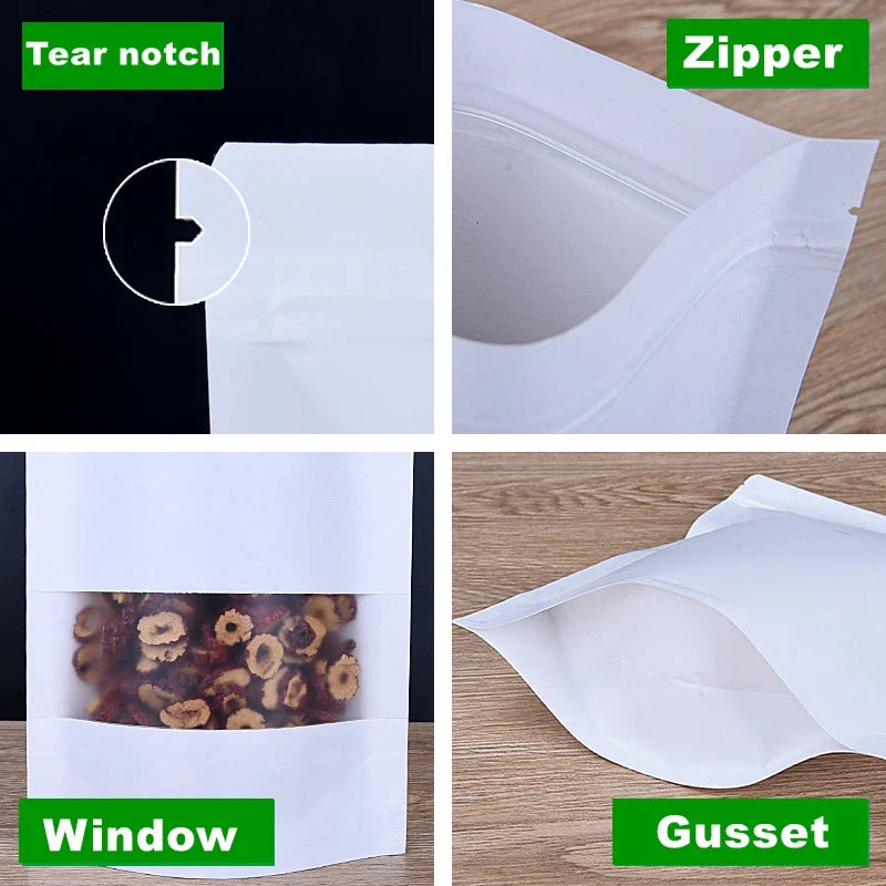 White Stand up Metallized Kraft Paper Aluminum Foil Laminated Resealable Ziplock Food Packaging Pouches Bags