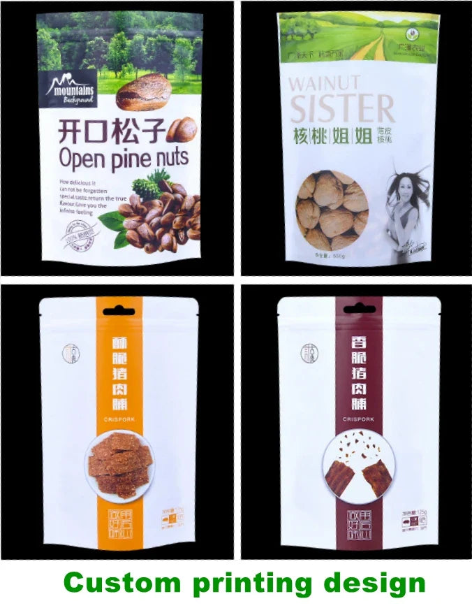 White Stand up Metallized Kraft Paper Aluminum Foil Laminated Resealable Ziplock Food Packaging Pouches Bags
