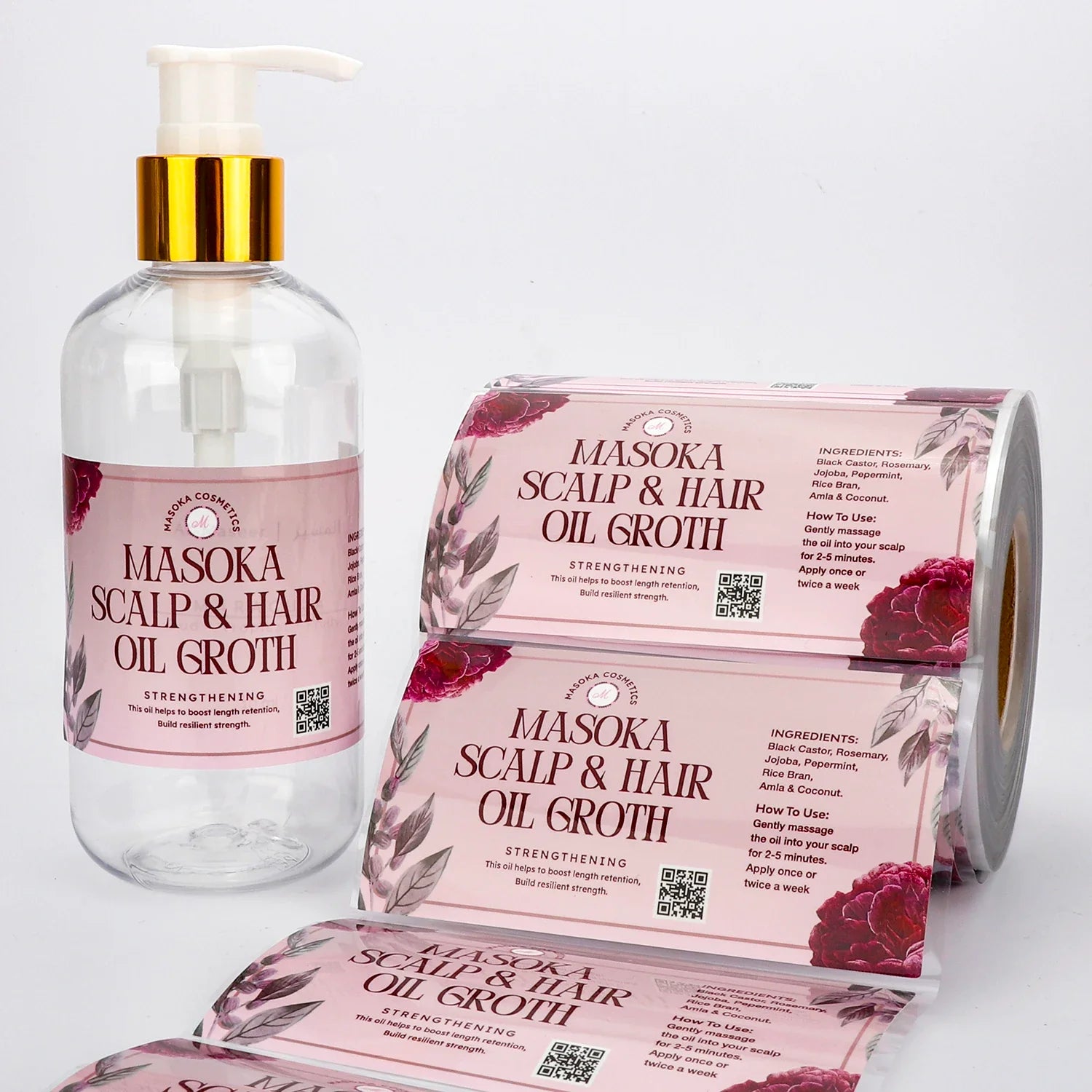 Customized Gold Foil Logo Printing Waterproof Adhesive Vinyl 100ml Hair Growth Oil Roll Sticker Labels for Hair Oil Bottles