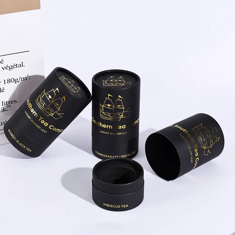 Custom Packaging Food Round Tea Cardboard Tube Black Push up Gold Foil Luxury   Paper Tube Box Packaging
