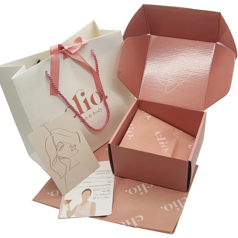 Custom Gold Foil White Corrugated Paper Shipping Lipgloss Package Emballage Carton Mailer Box with Sticker Mailier Pouch Bag