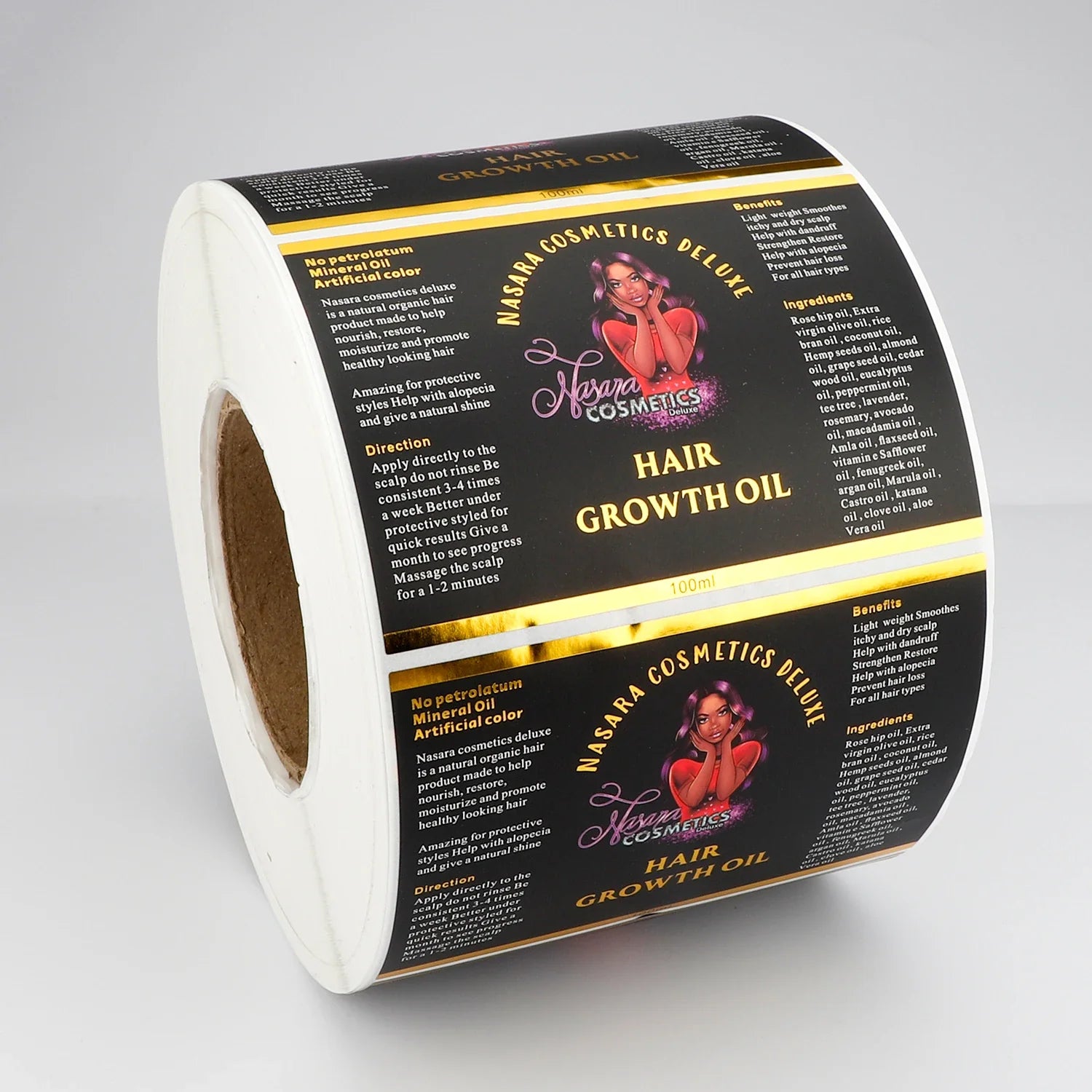 Customized Gold Foil Logo Printing Waterproof Adhesive Vinyl 100ml Hair Growth Oil Roll Sticker Labels for Hair Oil Bottles