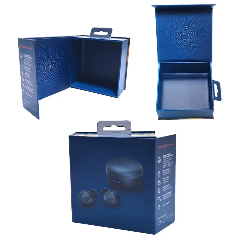 Custom Printed Rigid Cardboard Rigid Flip Paper Boxes Packing Electronic Wireless Earphone Magnetic Closure Blue Packaging Box