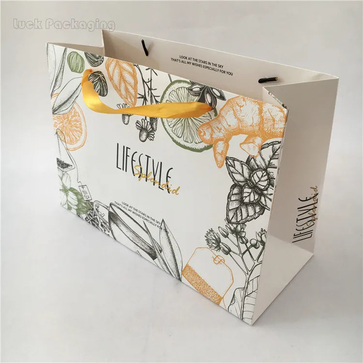 Customized Branded White Craft Sacs En Papier Gift Packaging Bolsas De Papel Shopping Paper Bags with logo Ribbon Handle